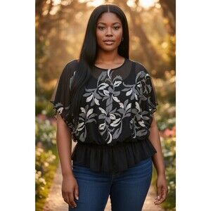 Dressbarn Women’s Size 18 Black Chiffon Sequin Floral Peplum Top Holiday Party